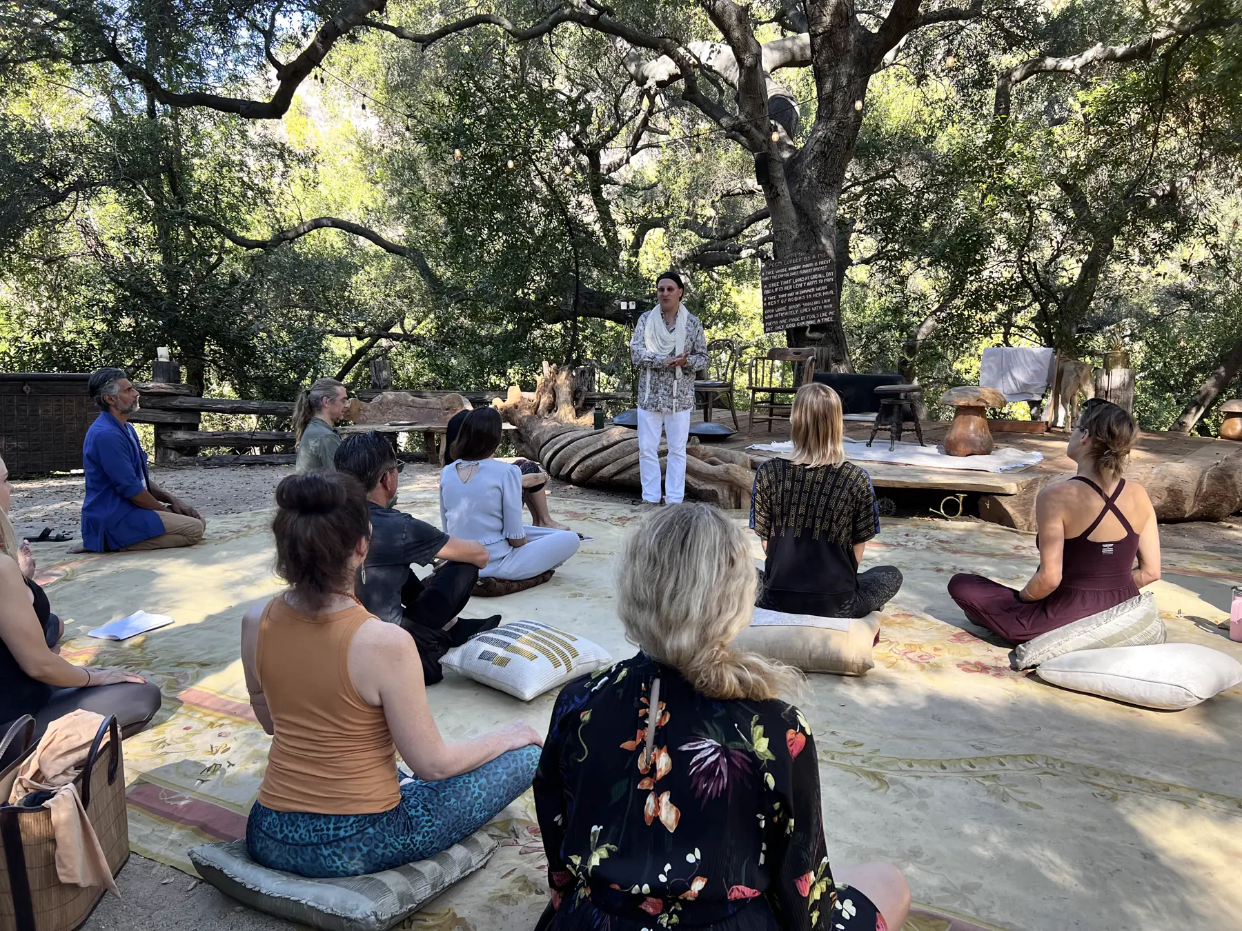 Brian Baruch speaking to a seated group outdoors beneath oak trees